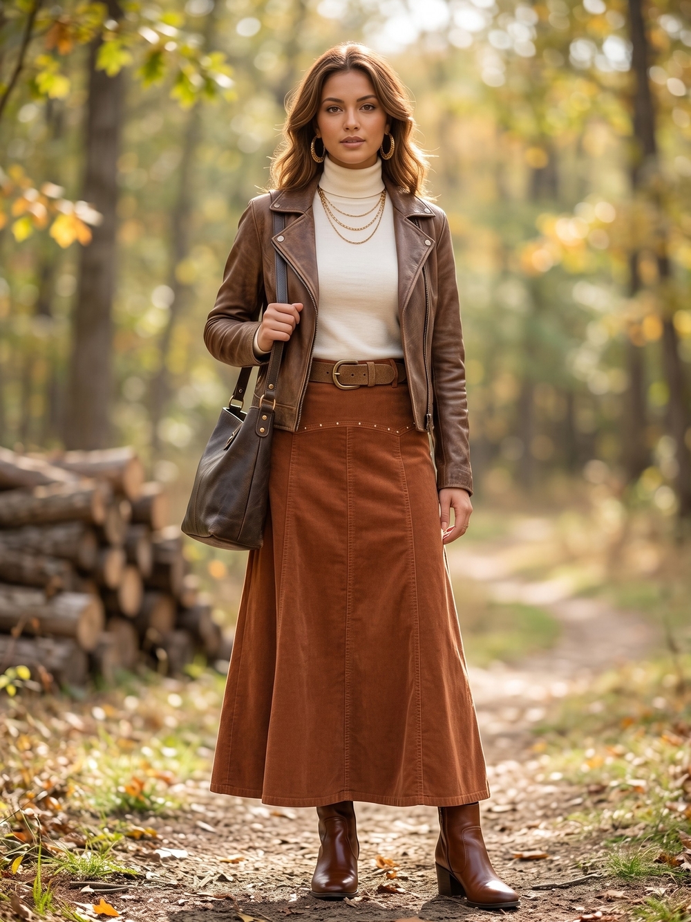 Kikit Jeans Rust Corduroy Maxi Skirt Western Boho 70s Studded A-Line Cottagecore